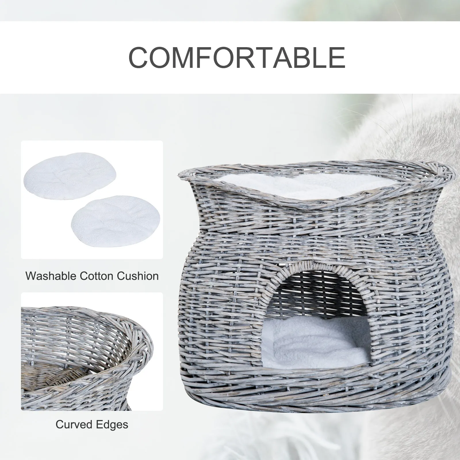 2-Tier Wicker Cat House Elevated Pet Bed Basket Willow Kitten Tower Pet Den. with Washable Cushions 56x37x40cm Grey