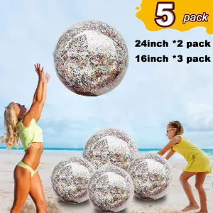 5 Pieces Inflatable Glitter Beach Ball Confetti Beach Balls Transparent Swimming Pool Party Ball for Summer Beach Water Play Toy, Pool and Party Favor