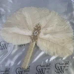 Brides lvory Feather 12in Fan, personalised brooch bouquet,  Alternative  Bouquet artificial by Crystal wedding uk