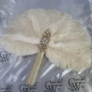 Brides lvory Feather 12in Fan, personalised brooch bouquet, Alternative Bouquet artificial by Crystal wedding uk