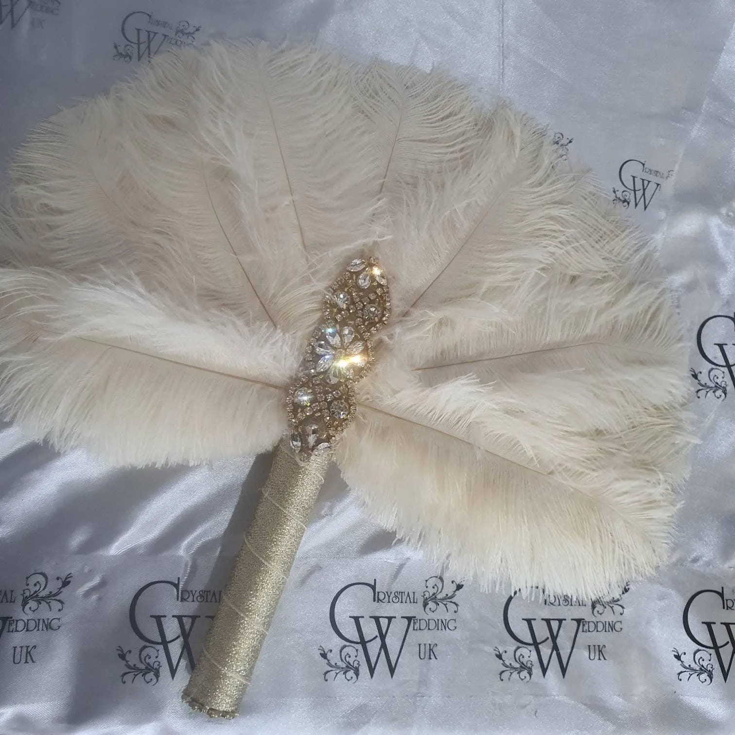 Brides lvory Feather 12in Fan, personalised brooch bouquet, Alternative Bouquet artificial by Crystal wedding uk