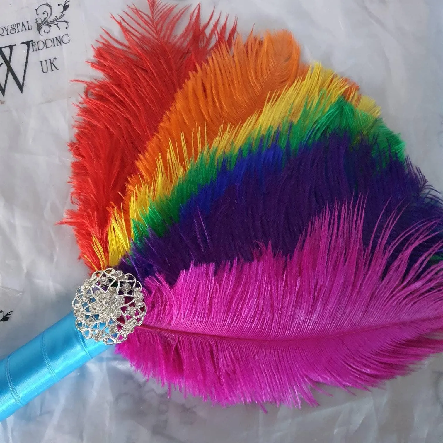 Bridesmaids Feather 10" Fan, Rainbow, multi brooch bouquet, Alternative Bouquet artificial by Crystal wedding uk