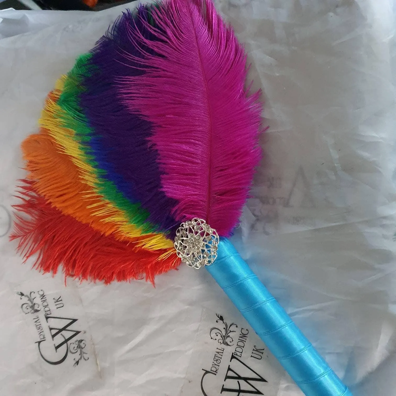 Bridesmaids Feather 10" Fan, Rainbow, multi brooch bouquet, Alternative Bouquet artificial by Crystal wedding uk