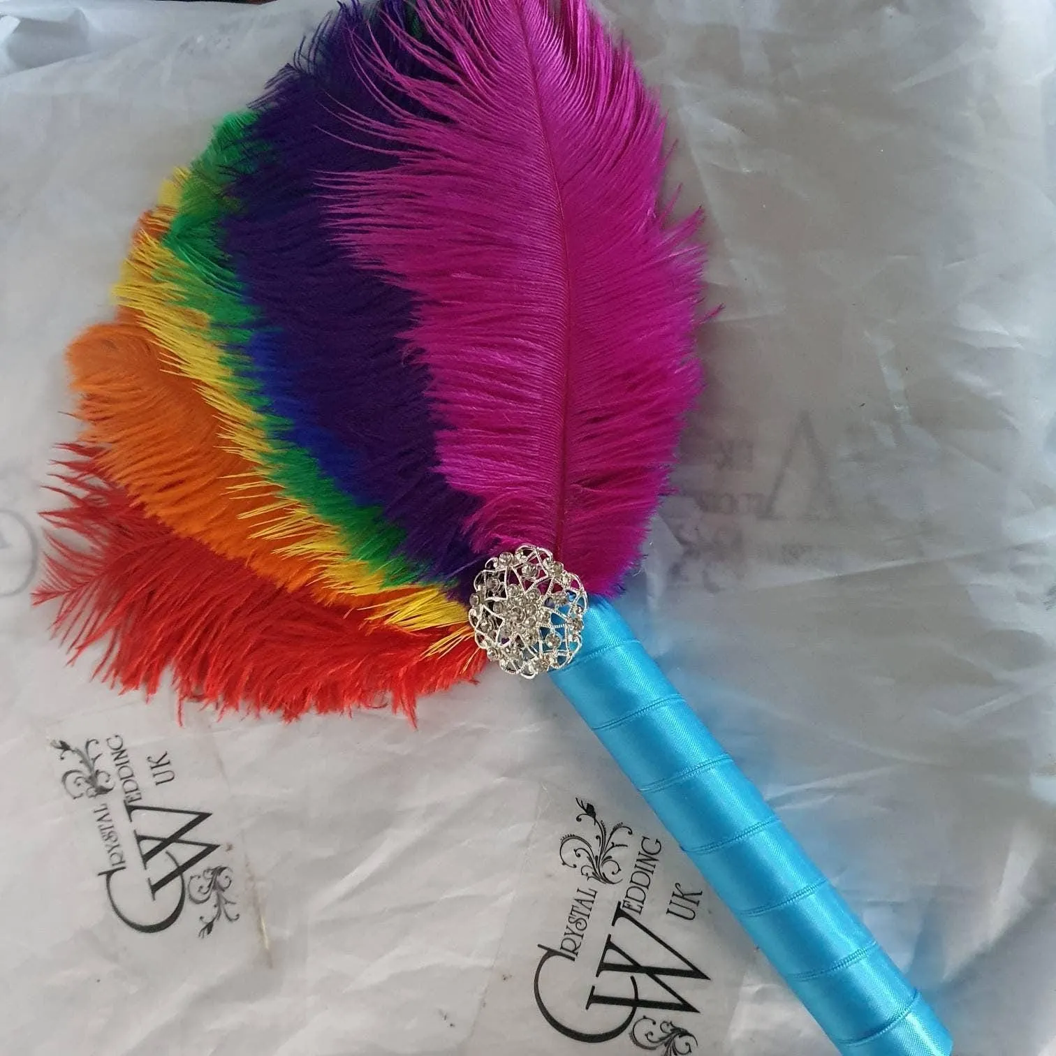 Bridesmaids Feather 10" Fan, Rainbow, multi brooch bouquet, Alternative Bouquet artificial by Crystal wedding uk