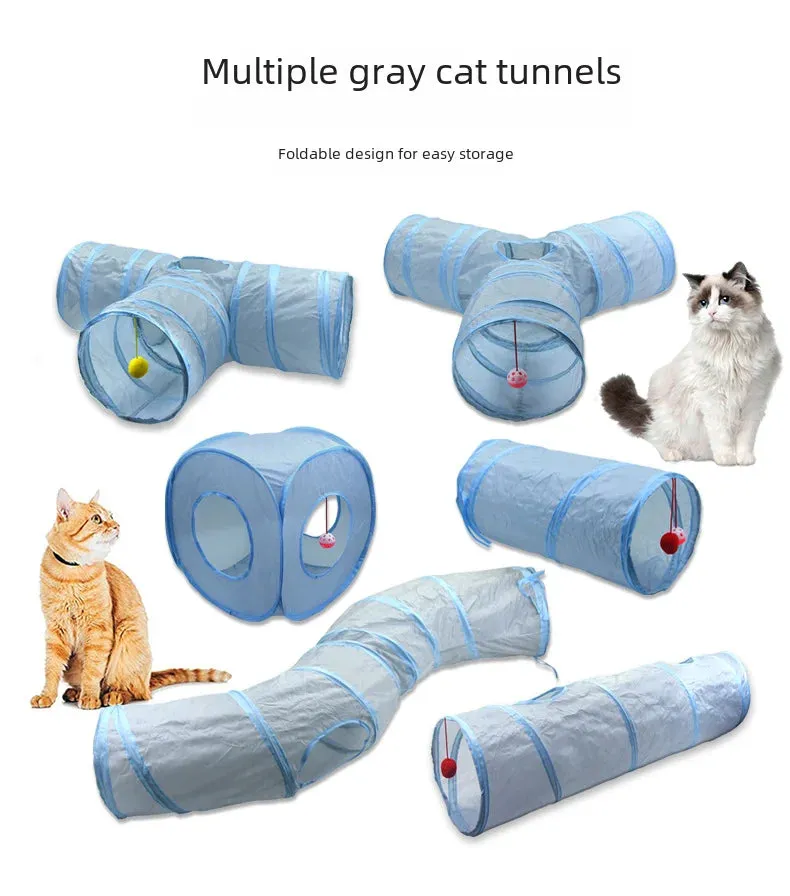 Grey Cat Toy Tunnel with Scratching and Play Features